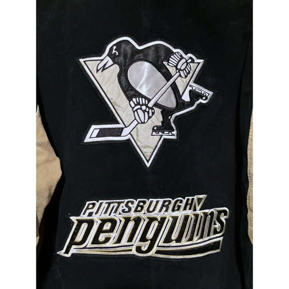 VTG Pittsburgh Penguins Suede Jacket L Bomber Letterman G-III Sports Carl Banks - Picture 3 of 16